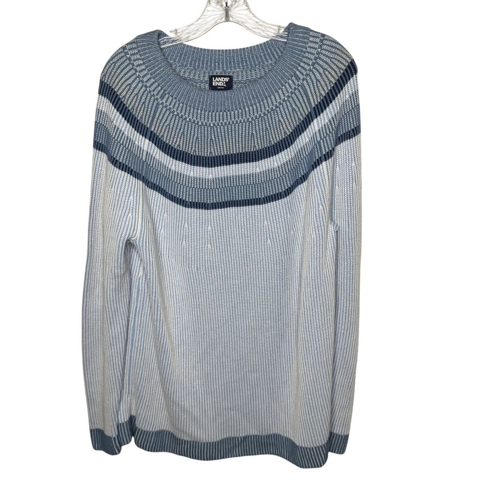 Lands’‎ End Women’s Drifter Cotton Sweater Blue Stripe Crew Neck Long Sleeve L